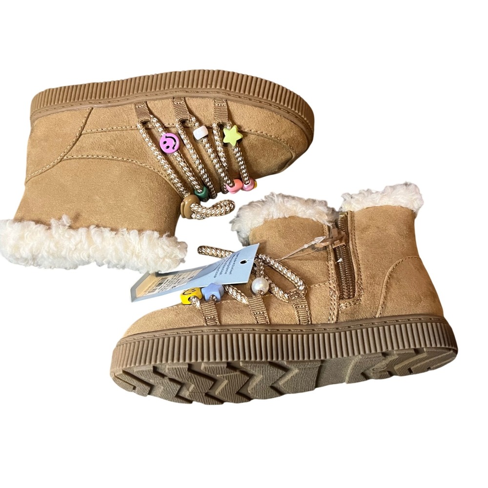Cat & Jack Toddler Girl Tan Faux Suede Beaded Charm Shearling Boots Size 10 NWT